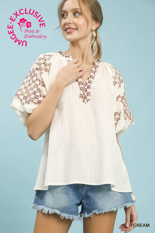 Embroidered Sleeve Contrast Trim Top