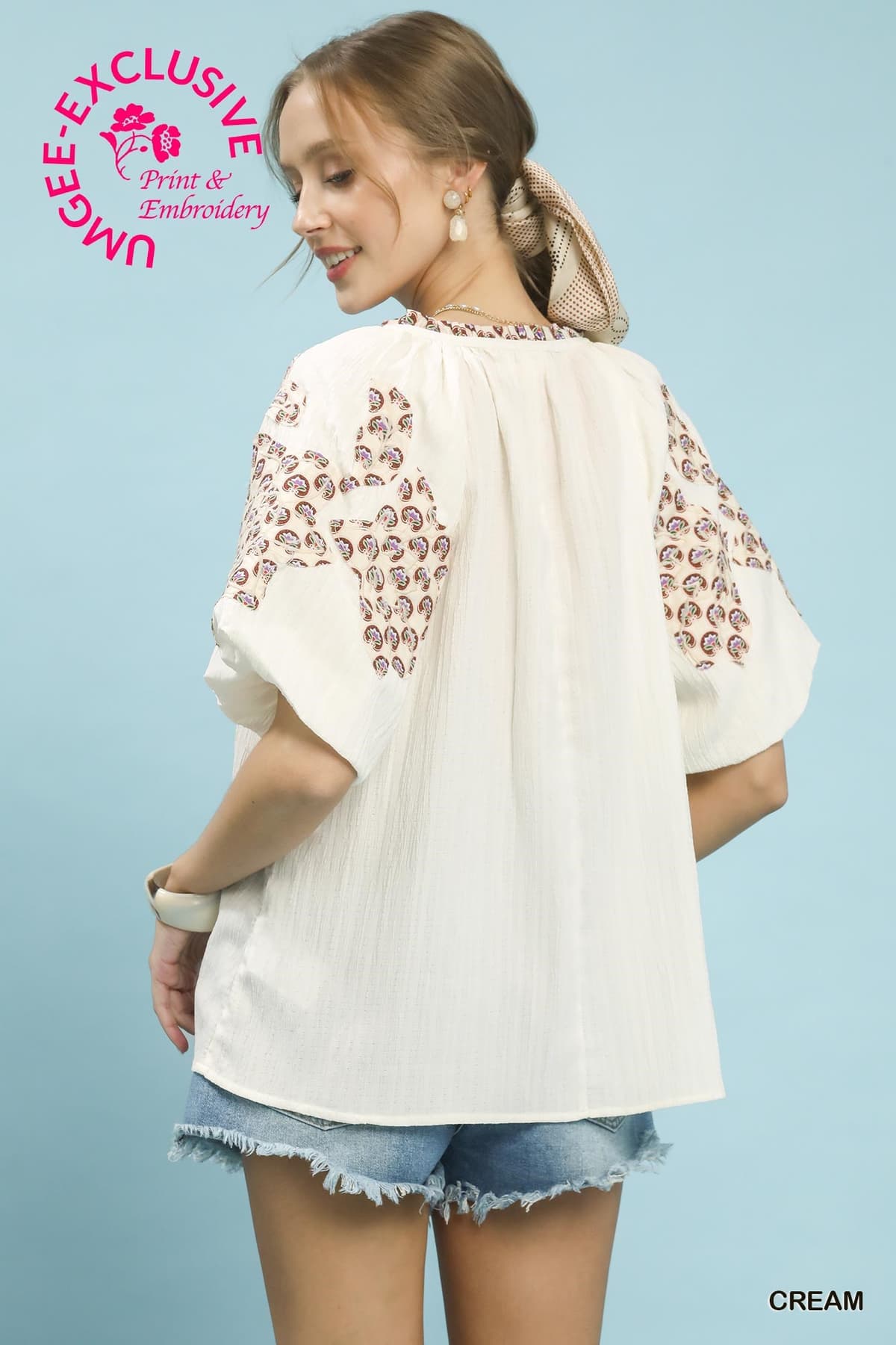 Embroidered Sleeve Contrast Trim Top