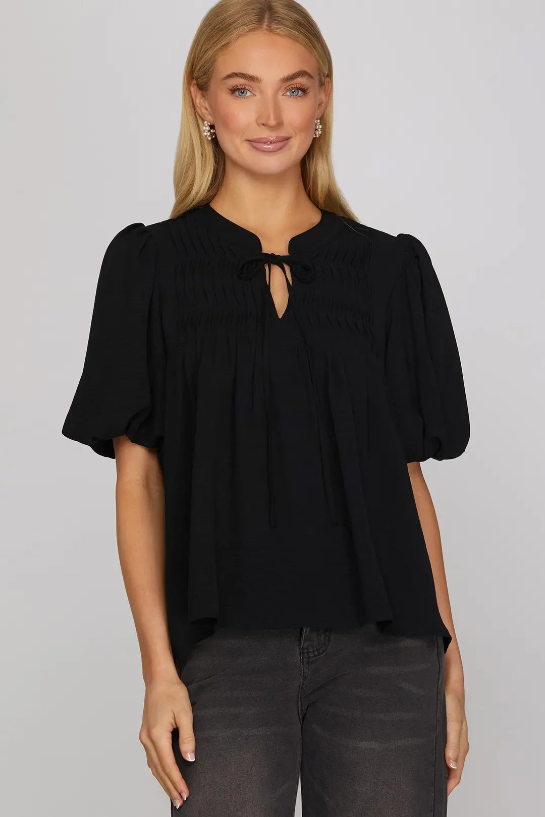 Black Pintuck Puff Sleeve Woven Top