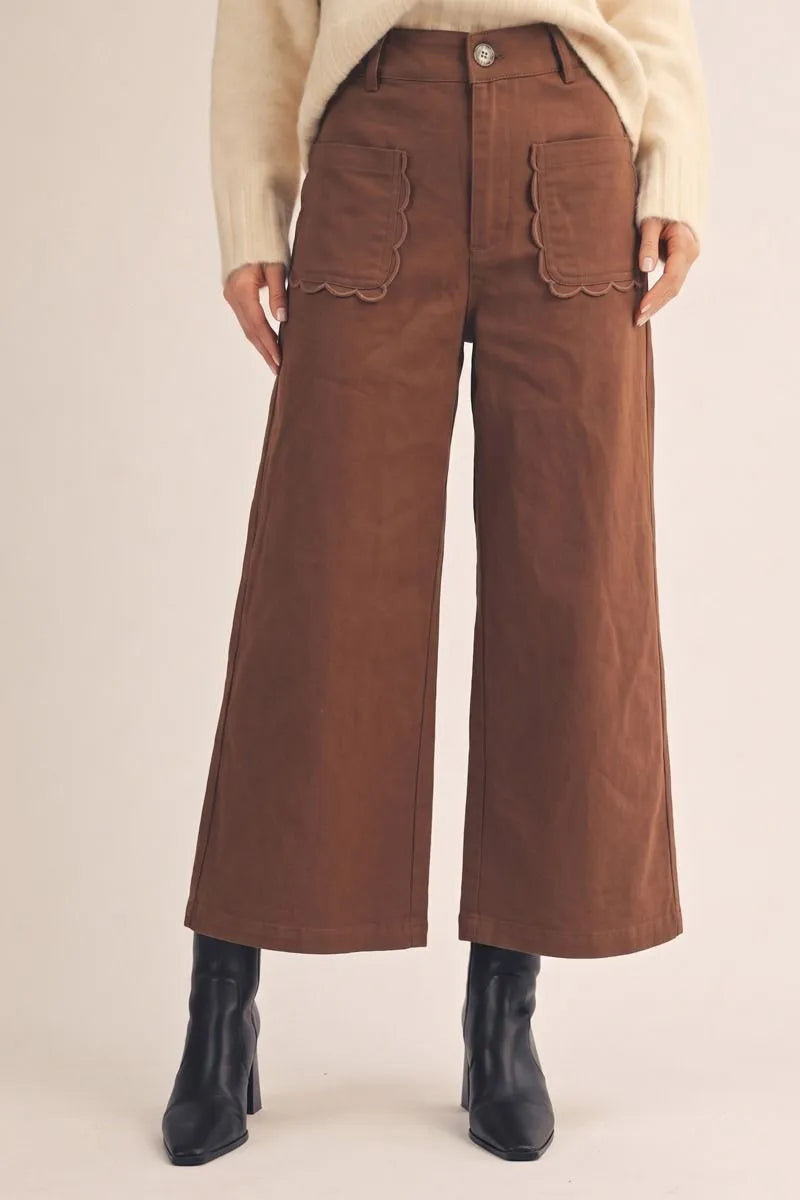 High-Waisted Wide-Leg Pants with Scalloped Pocket Detail