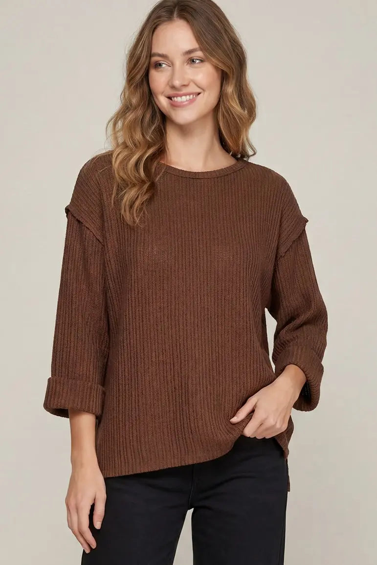 3/4 Folded Sleeve Knit Top