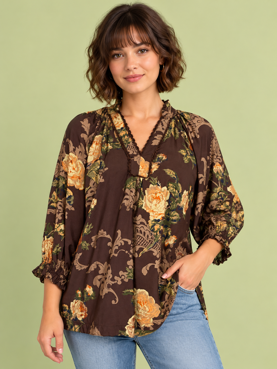Amber Rose Ruffle-Neck Floral Blouse
