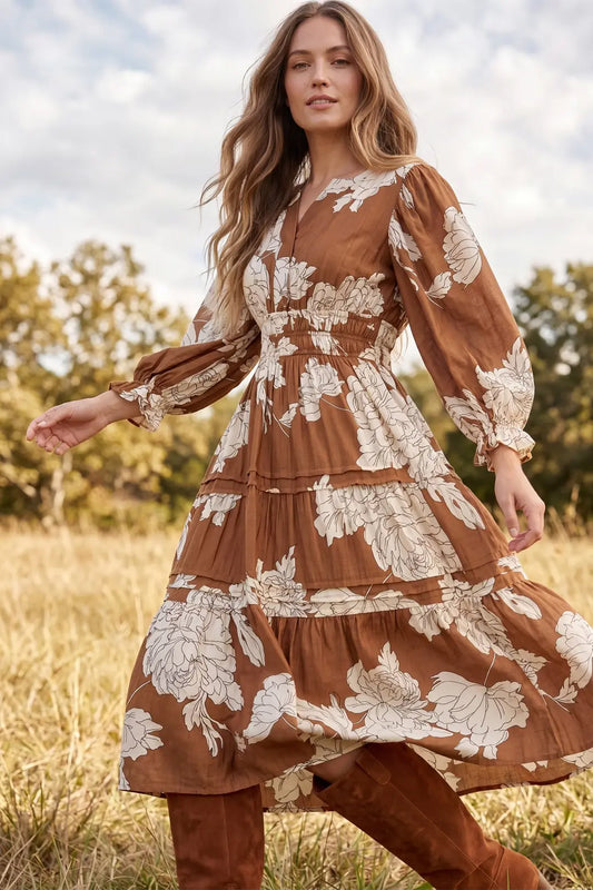 3/4 Sleeve Pintuck Tiered Floral Print Midi Dress