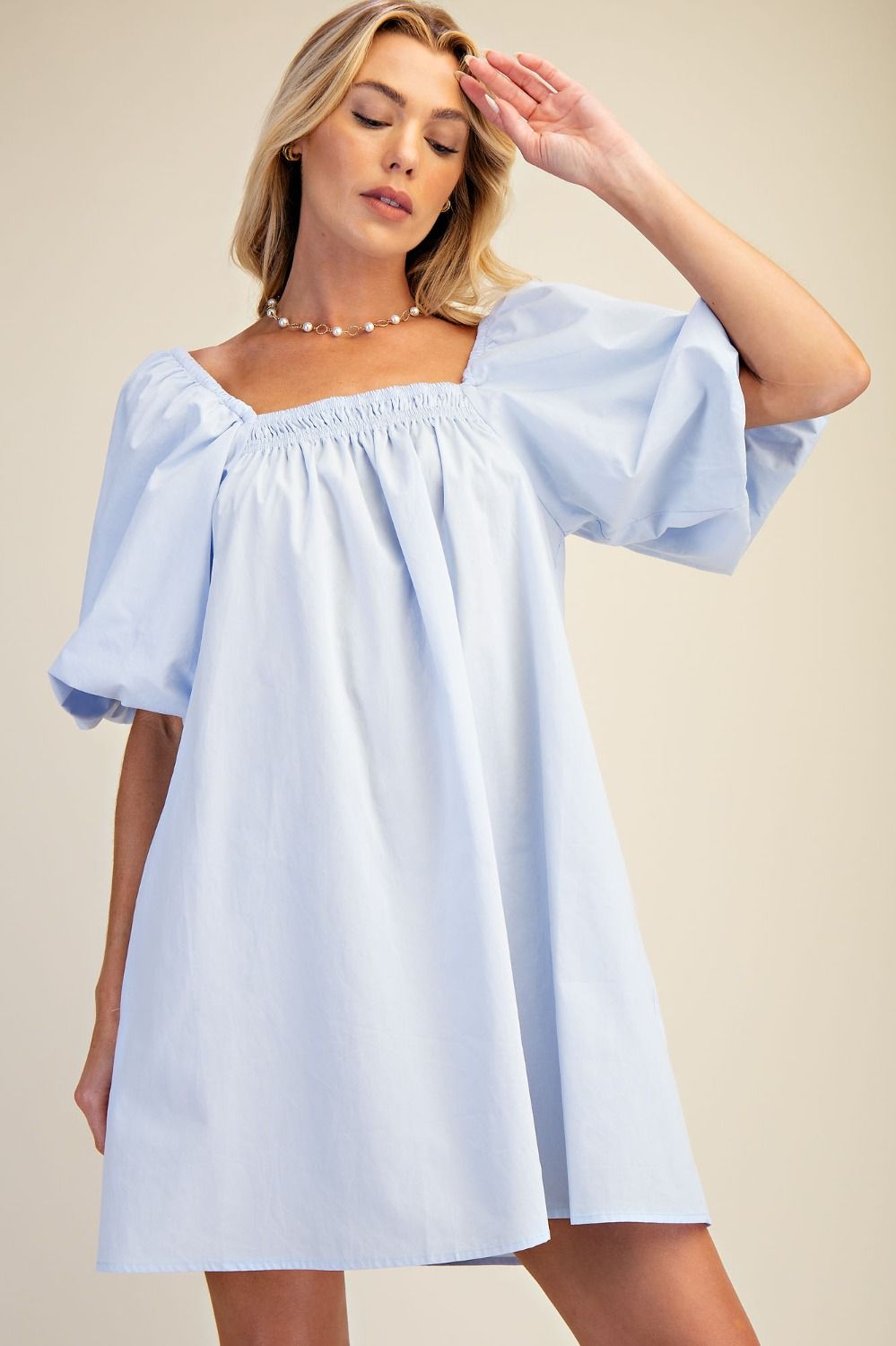 Bubble Sleeve Cotton Blue Dress