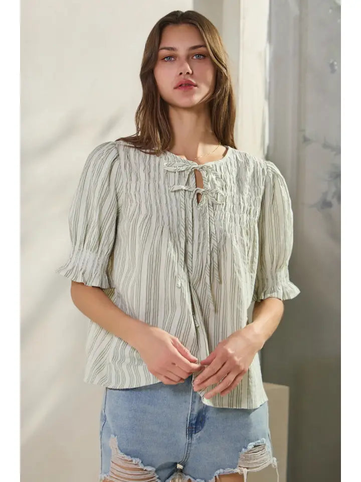 Embroidery Striped Fabric Blouse