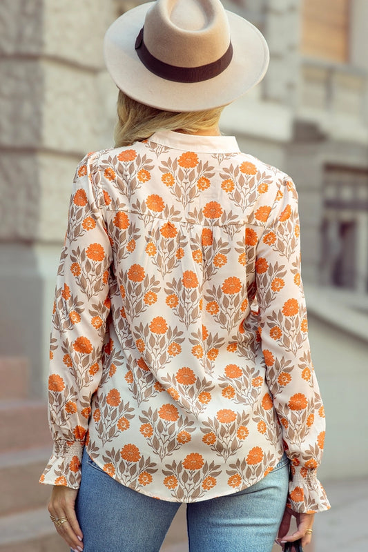 Orange Blossom Floral V-Neck Long-Sleeve Blouse
