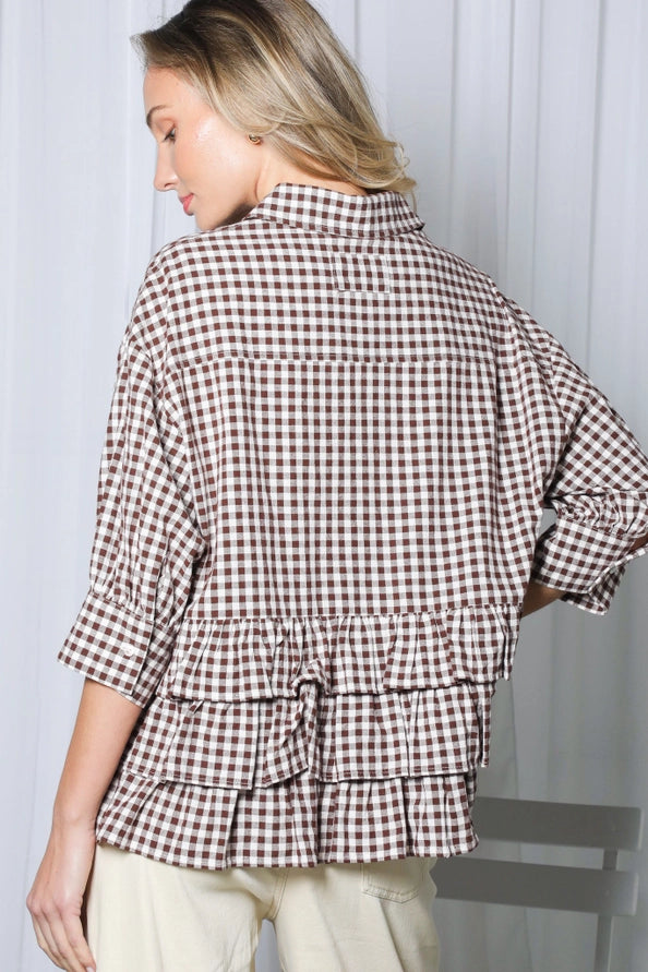 Gingham Puff Sleeve Ruffle Accent Top