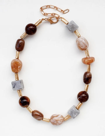 Gold Tube Beaded Multi-Color Natural Stone Necklace