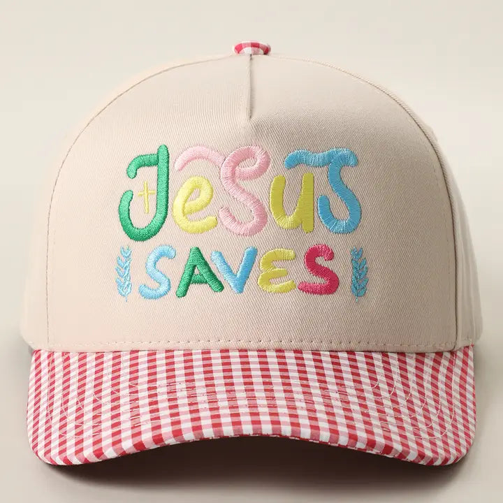 Jesus Saves Embroidered Gingham Trucker Hat