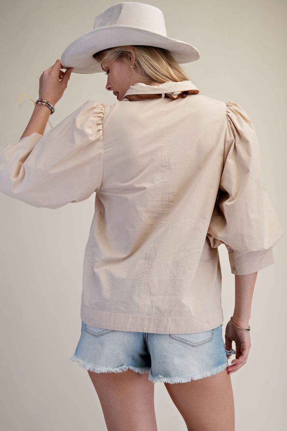 Khaki Cotton Poplin Blouse with Scarf
