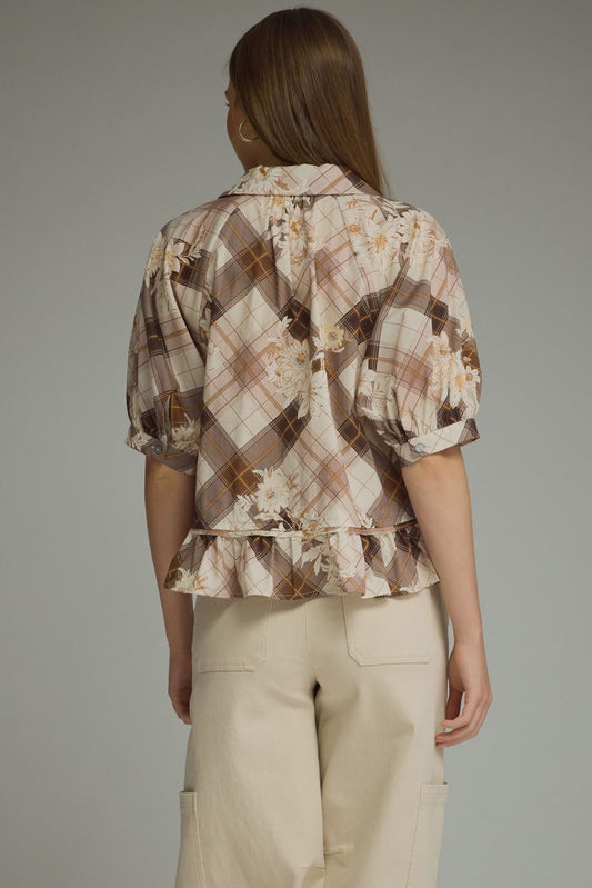 Mocha Plaid Floral Print Puff Sleeve Top