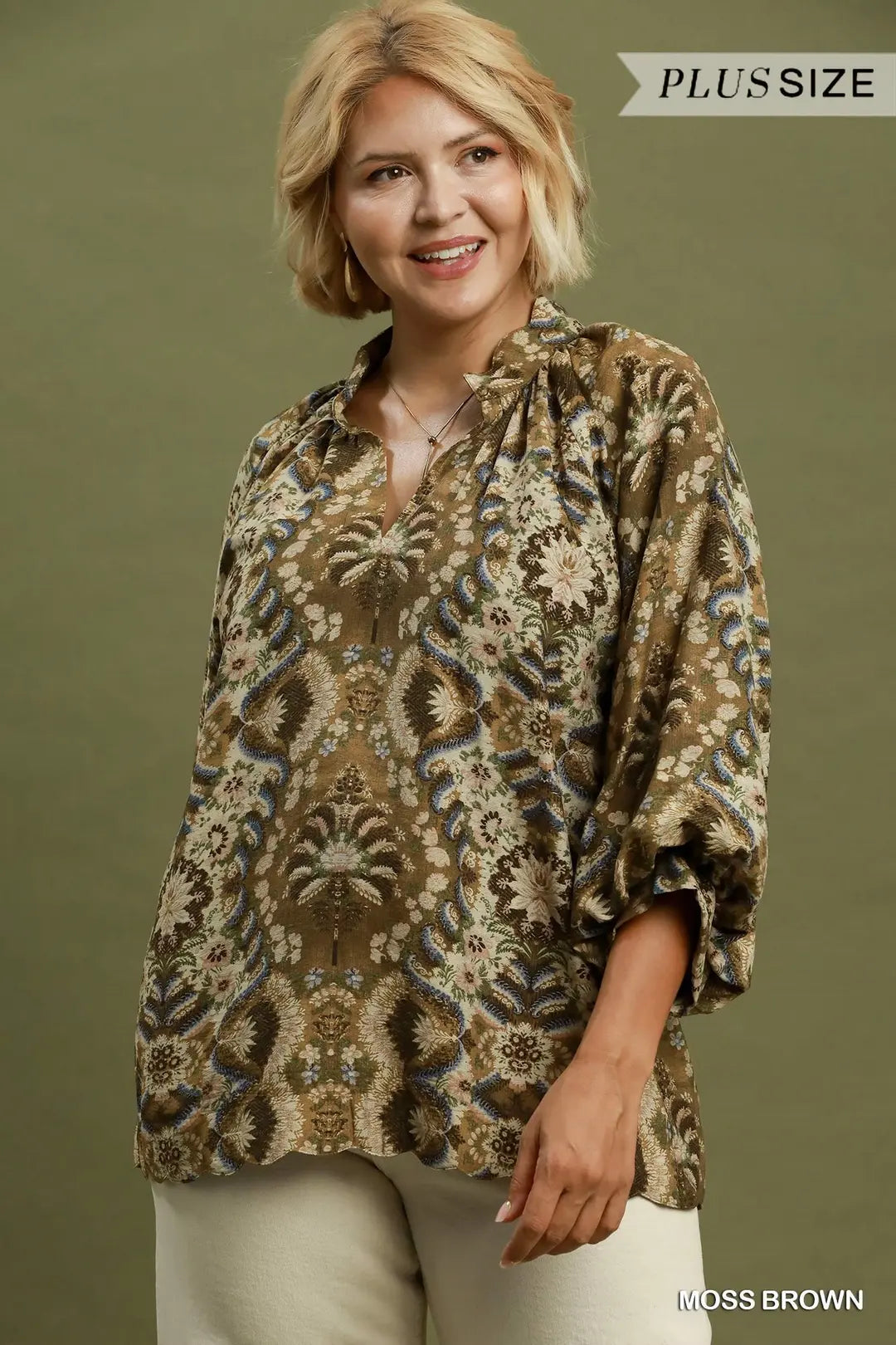 Abstract Print Balloon Sleeve Top - Plus