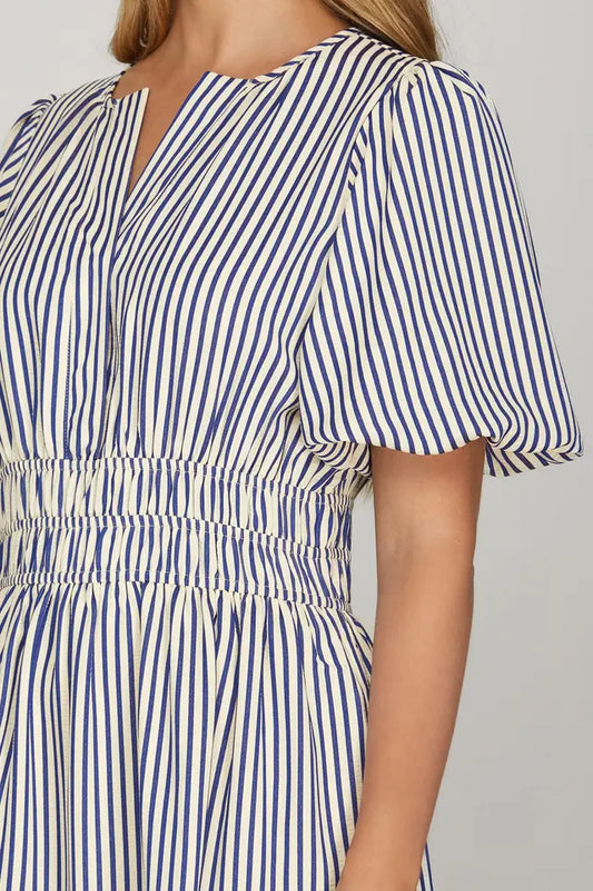 Puff Sleeve Pintuck Tiered Stripe Woven Midi Dress