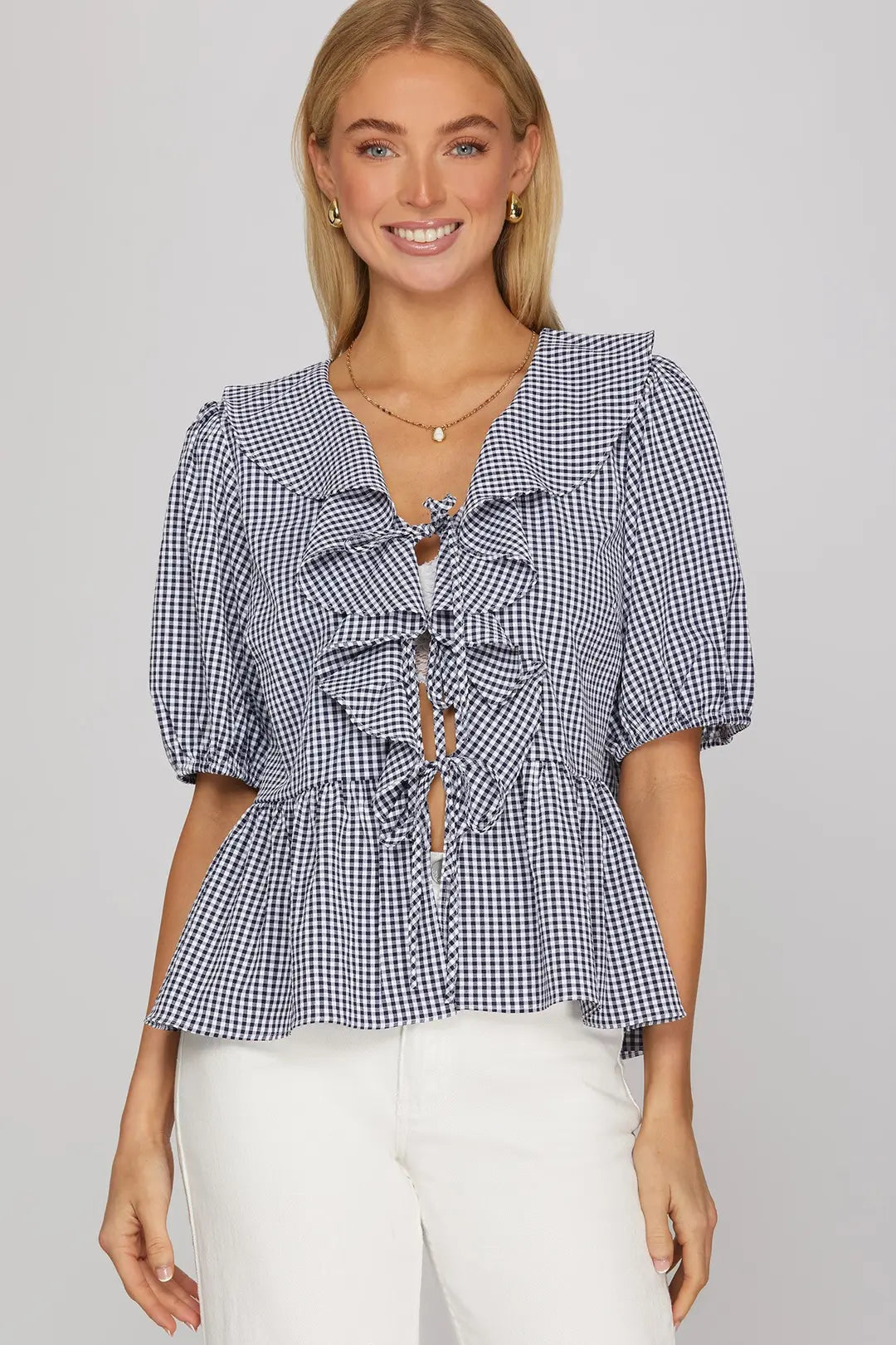 Half Sleeve Woven Gingham Check Ruffled Top