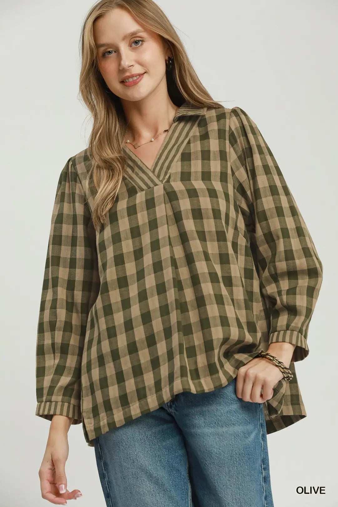 Checkered Collared V-Neck Blouse-Olive