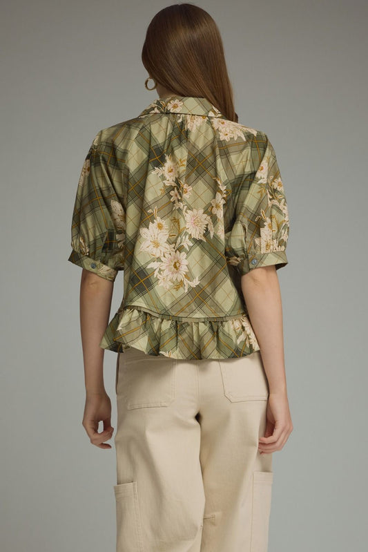 Olive Plaid Floral Print Puff Sleeve Top