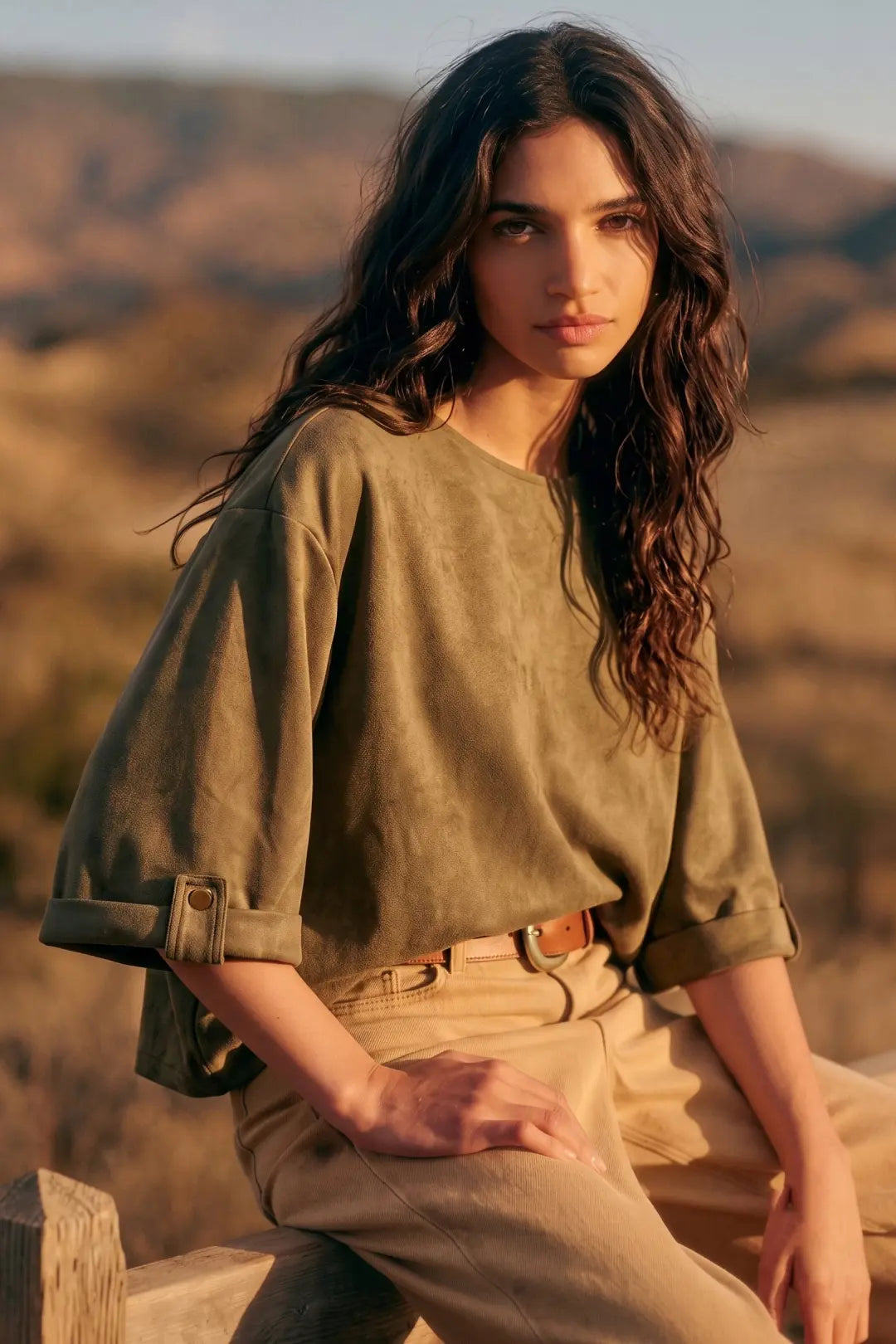 Wide Cuff Sleeve Suede Look Pullover Top
