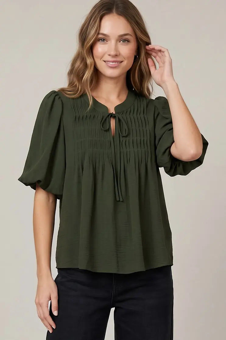Olive Pintuck Woven Top