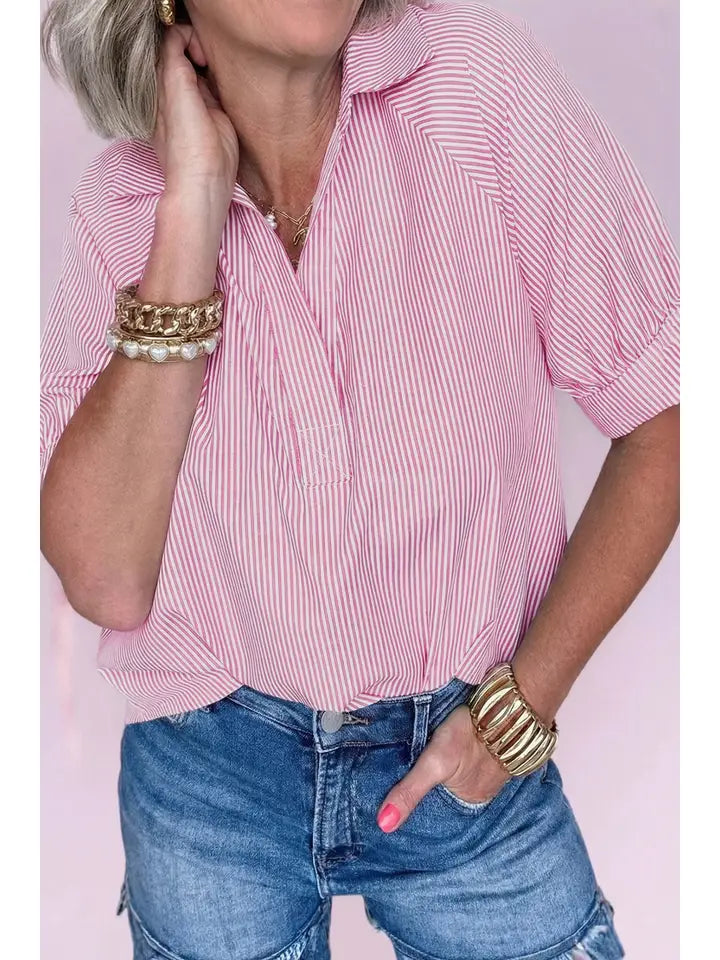Striped Collared Half Sleeve Blouse