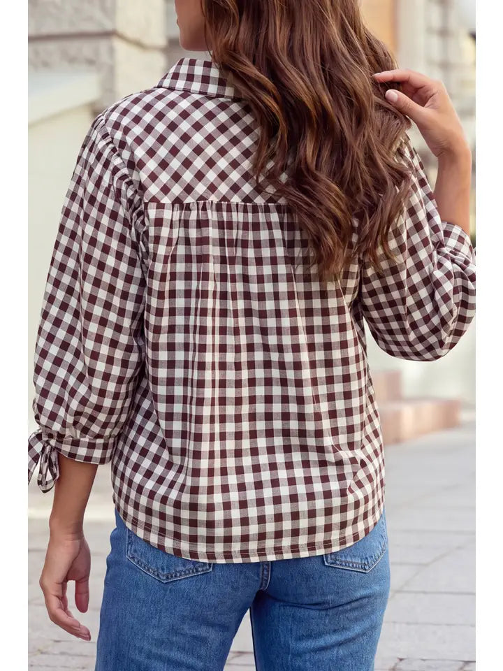 Plaid Ruffle Trim Bow Sleeve Button Front Top