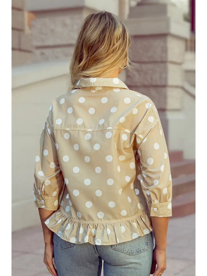 Khaki Polka Dot Ruffle-Hem Button-Up Blouse