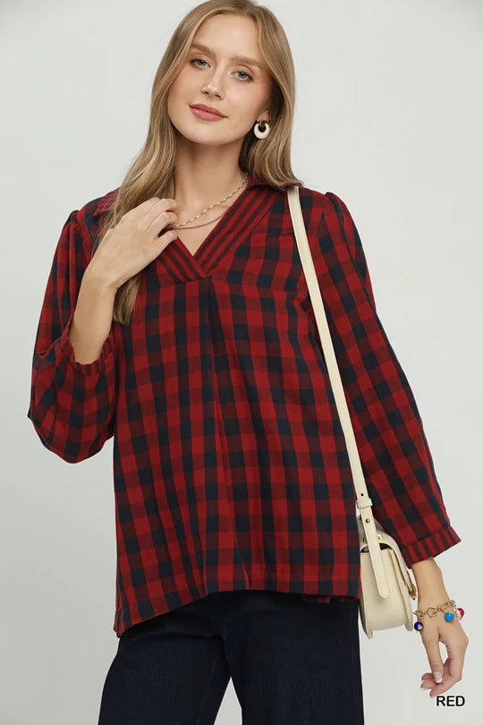 Checkered Collared V-Neck Blouse - Red