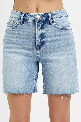 Light Wash High Rise TCl Mid-Length Raw Hem Shorts