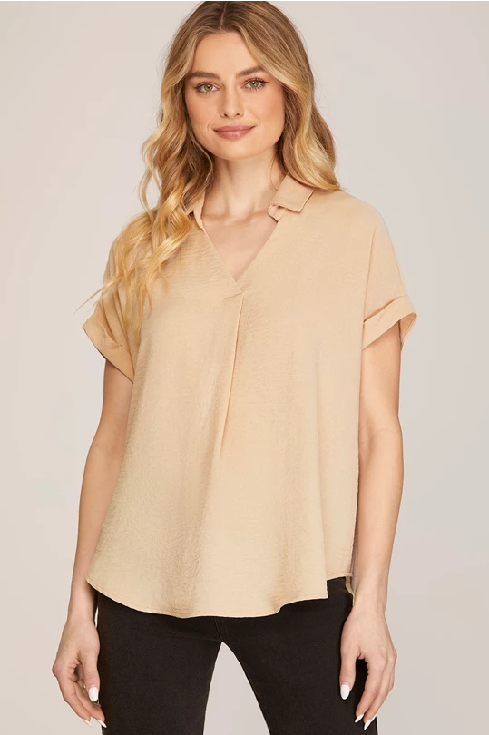 Drop Shoulder Collared Woven Top - Taupe