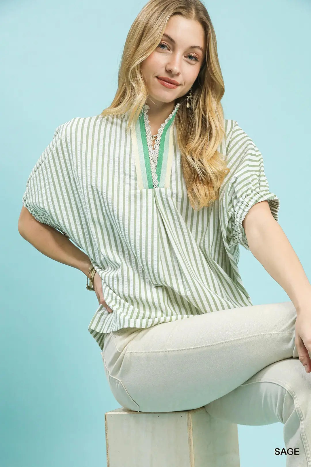 Stripe Lace Trim Pleated V-Neck Top