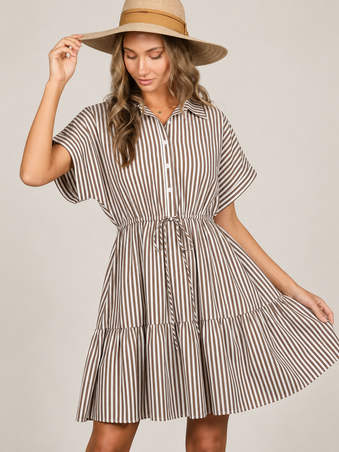 Striped Short Roll-Up Sleeve Dress
