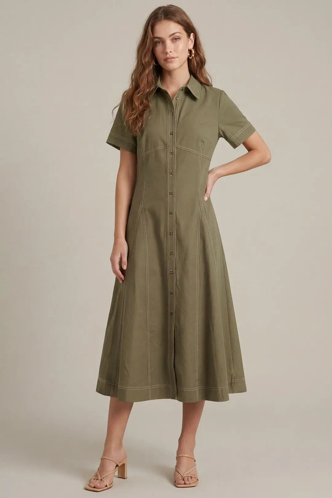 Button Down Midi Dress - Olive