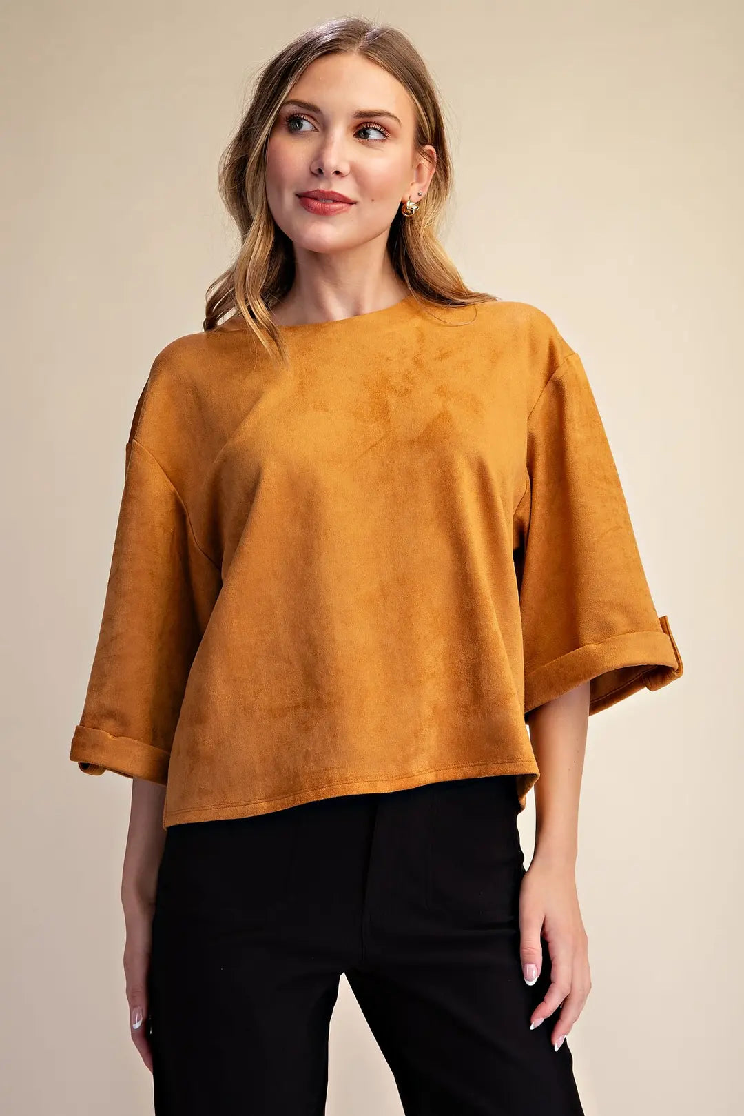 Wide Cuff Sleeve Suede Look Pullover Top
