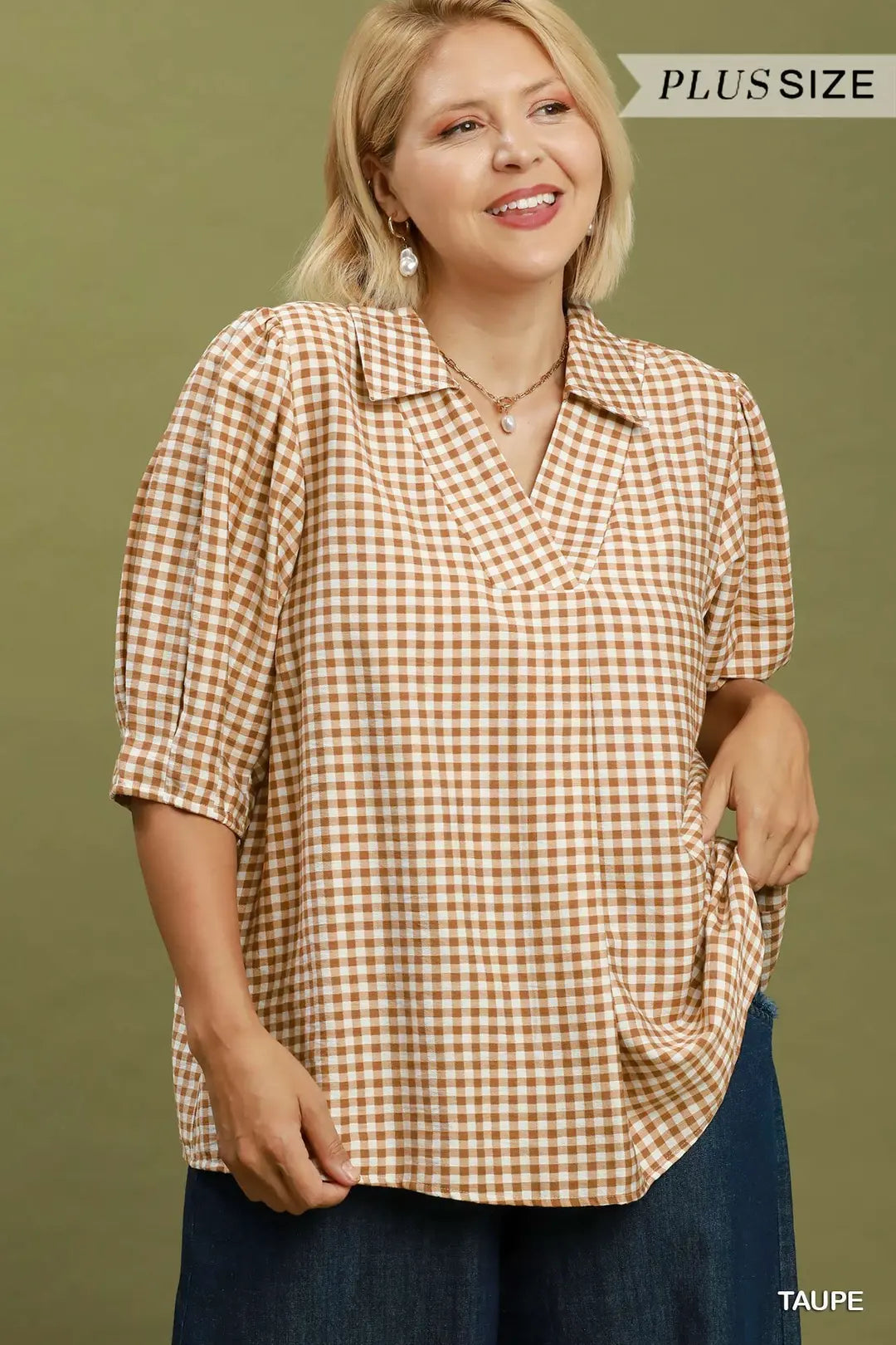 Gingham Collared Puff Sleeve Blouse