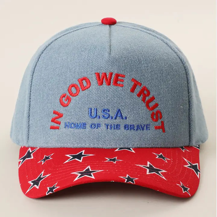 In God We Trust U.S.A. Home of the Brave Embroidered Denim Trucker Hat