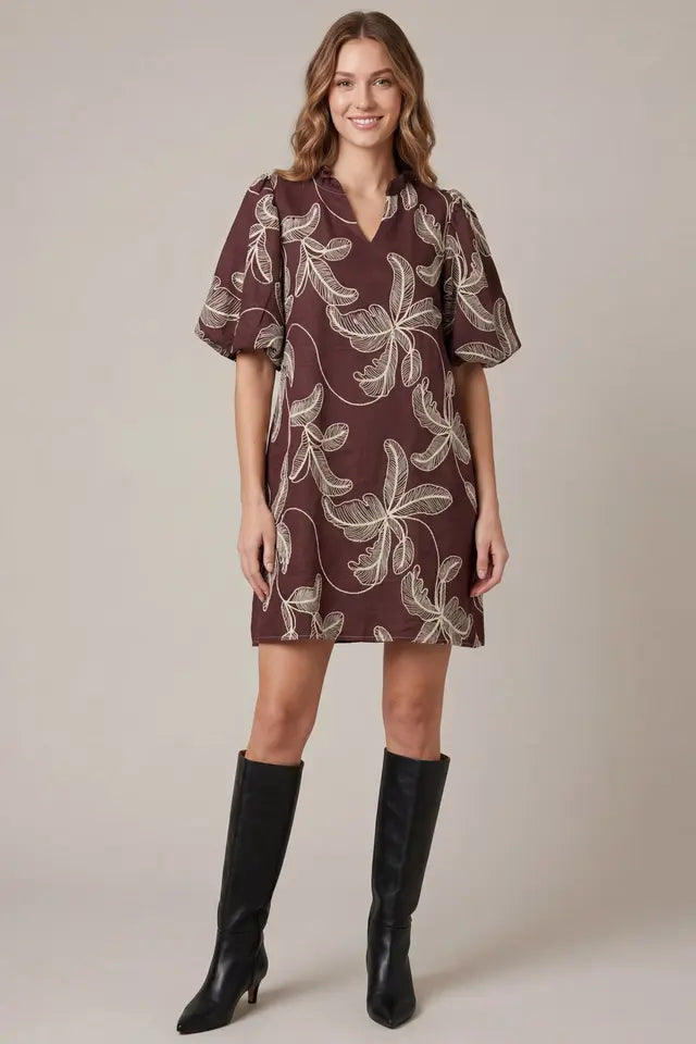 Puff Sleeve Embroidered Woven Dress with Pockets