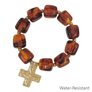 Dark Brown Resin Beaded Cross Stretch Bracelet