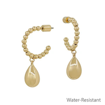 1" Water-Resistant 3MM Gold Beaded Teardrop Hoop Earrings