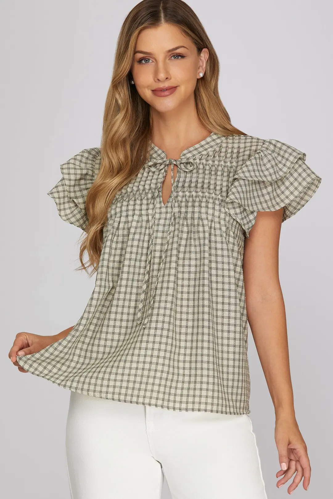 Ruffle Sleeve Pintuck Woven Gingham Top