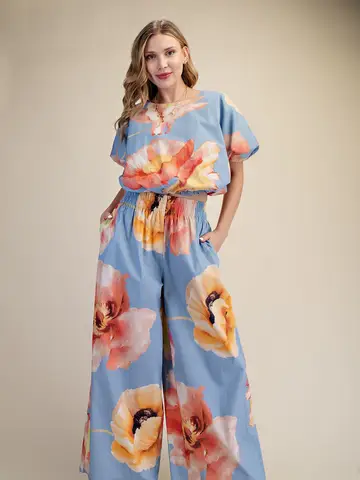 Floral Bubble Top & Wide-Leg Pants Set