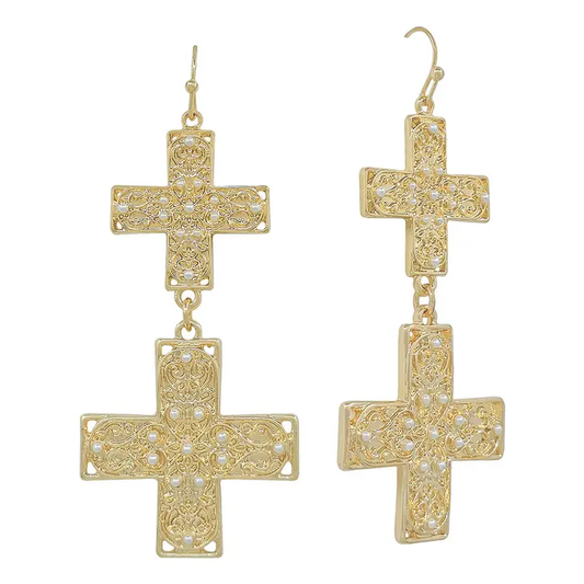Hammered gold double cross drop statement earrings, approximately 2 inches