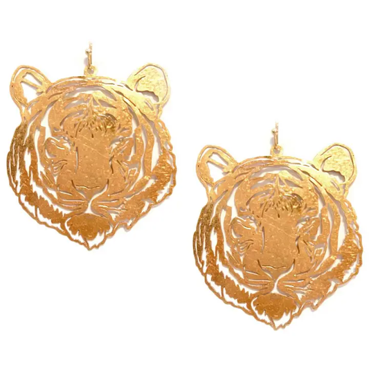 Gold metal stamped tiger statement earrings, approximately 2.5 inches