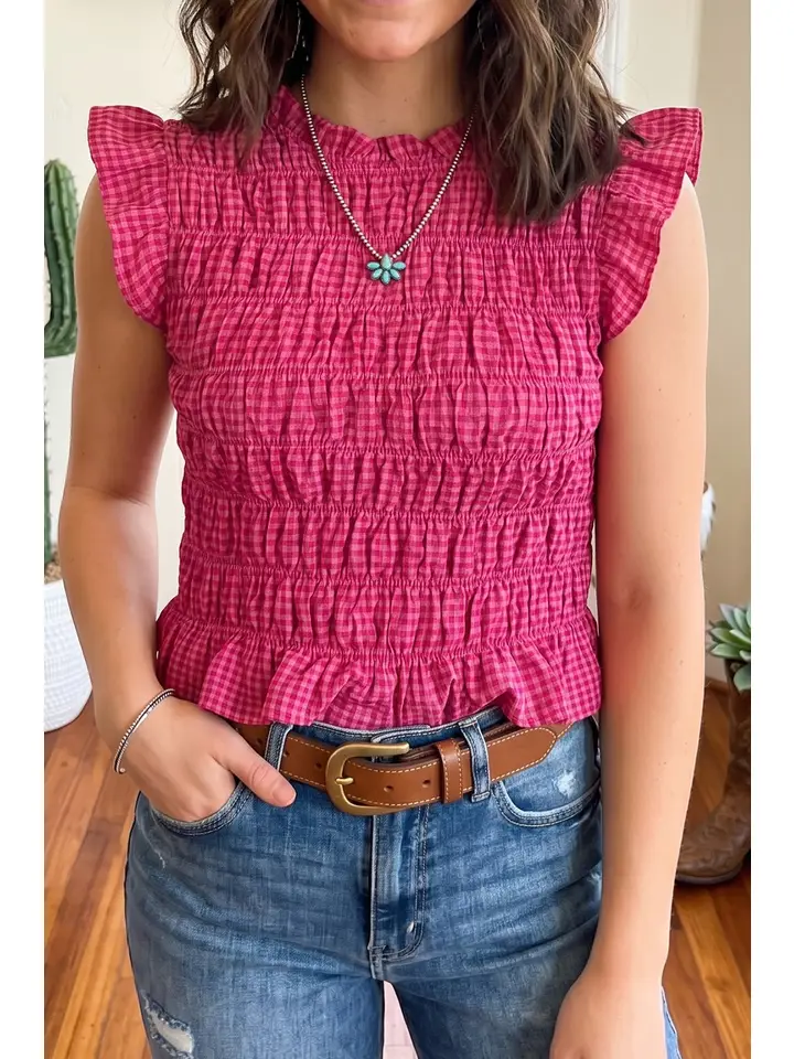 Plaid Shirred Tank Top