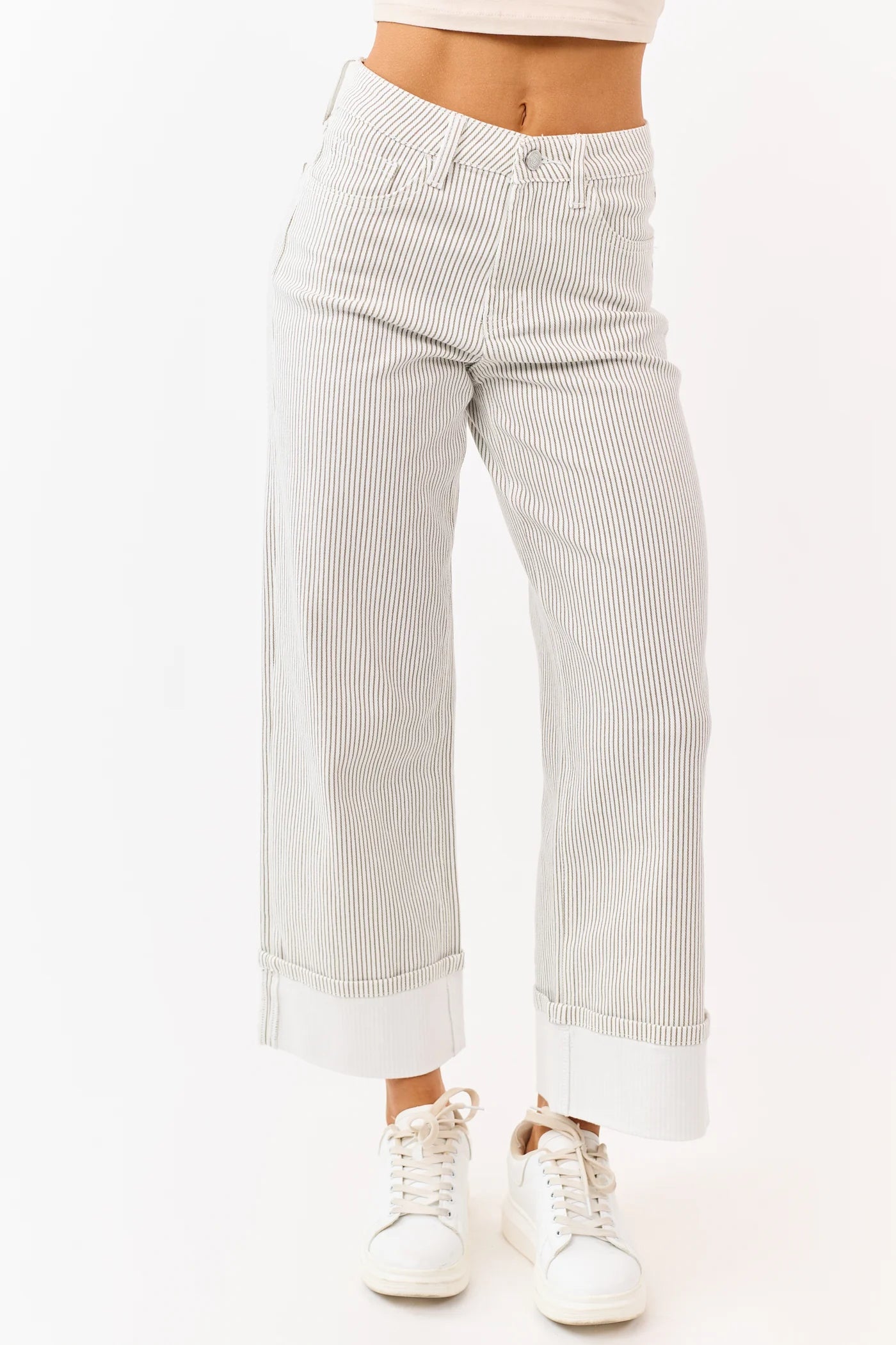 High Rise Stripe Cuffed Wide Leg Jeans by Lovervet