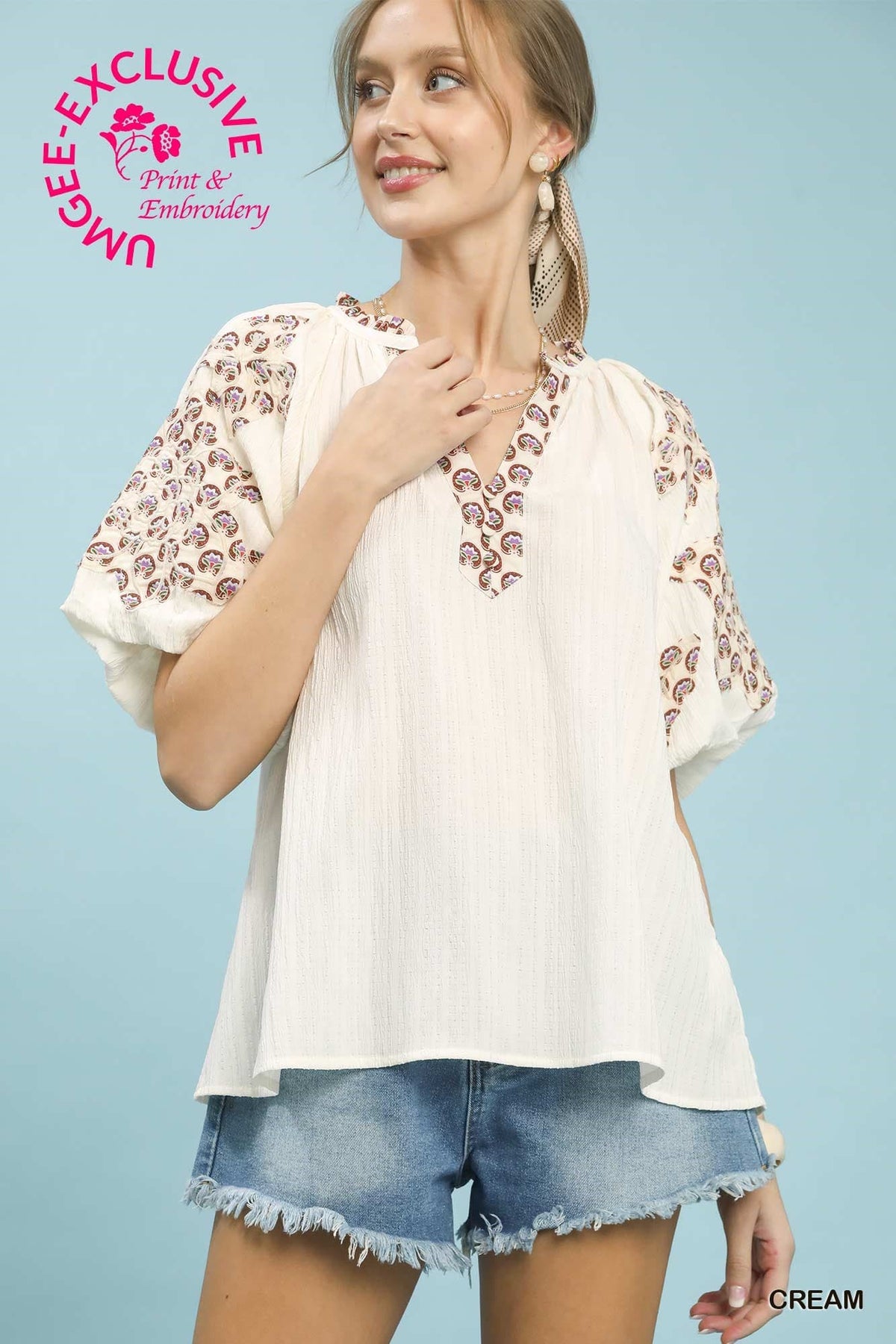 Embroidered Sleeve Contrast Trim Top