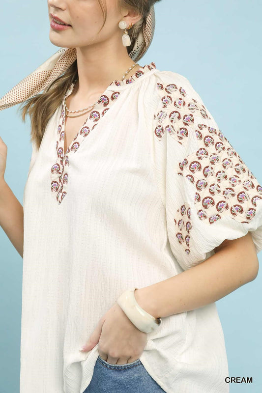 Embroidered Sleeve Contrast Trim Top