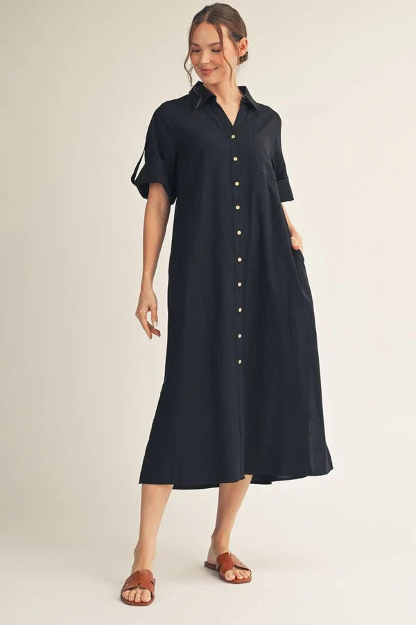 Roll Up Sleeve Midi Dress Light Blue