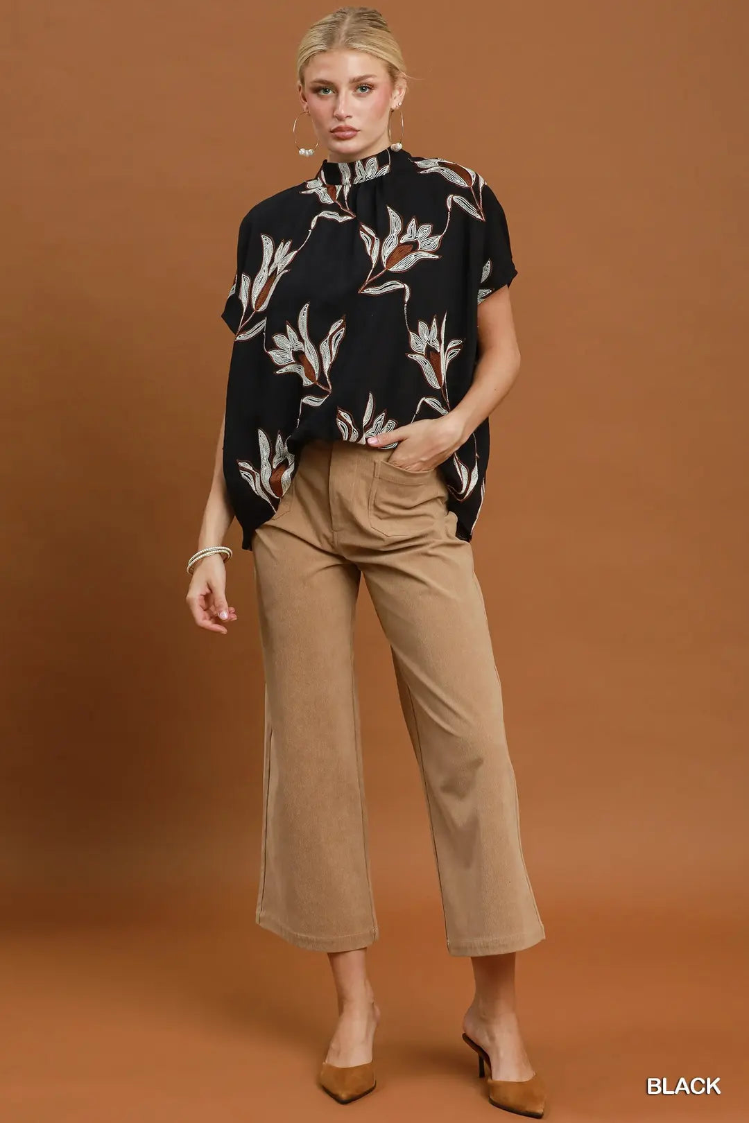 Embroidered Floral Mock Neck Dolman Sleeve Top