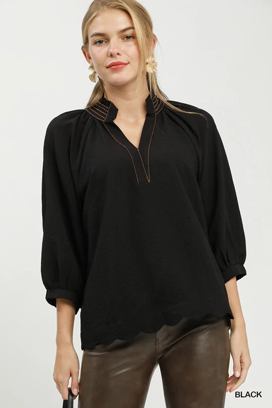 Scallop Hem Balloon Sleeve Blouse