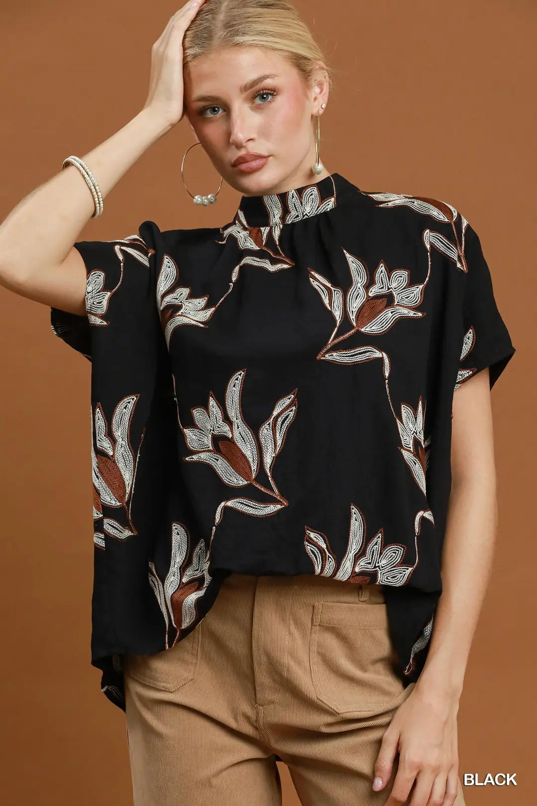 Embroidered Floral Mock Neck Dolman Sleeve Top