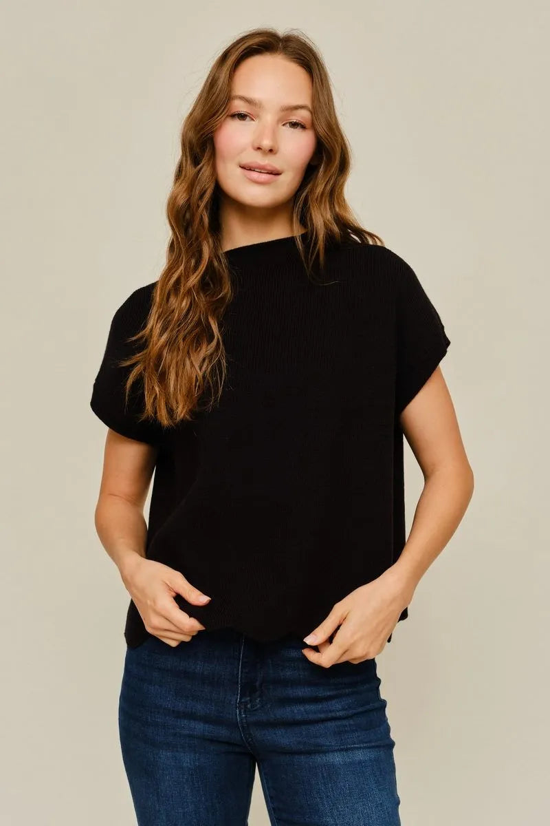 Scallop-Hem Mock-Neck Short-Sleeve Sweater